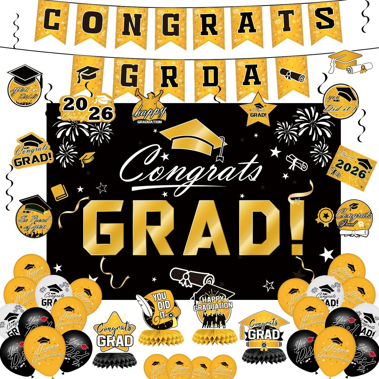 Graduation Decorations 2026 Set - Gold Themed Congrats Grad Banner, Backdrop, Hanging Swirls, Balloons - Complete Party Supplies for High School, College Graduation Decorations